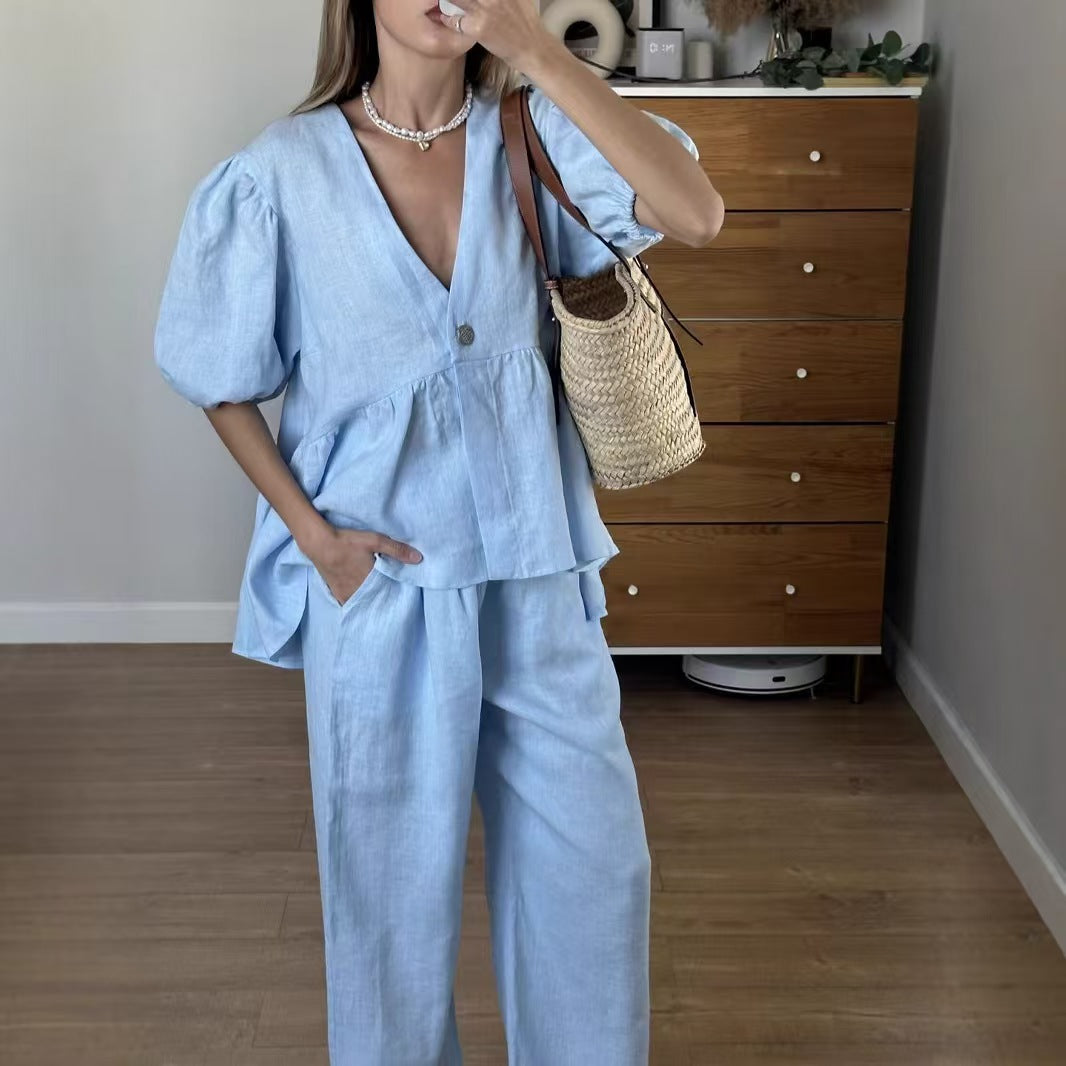 Ensemble féminin uni à lacets, manches courtes bouffantes.