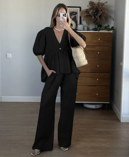 Ensemble féminin uni à lacets, manches courtes bouffantes.