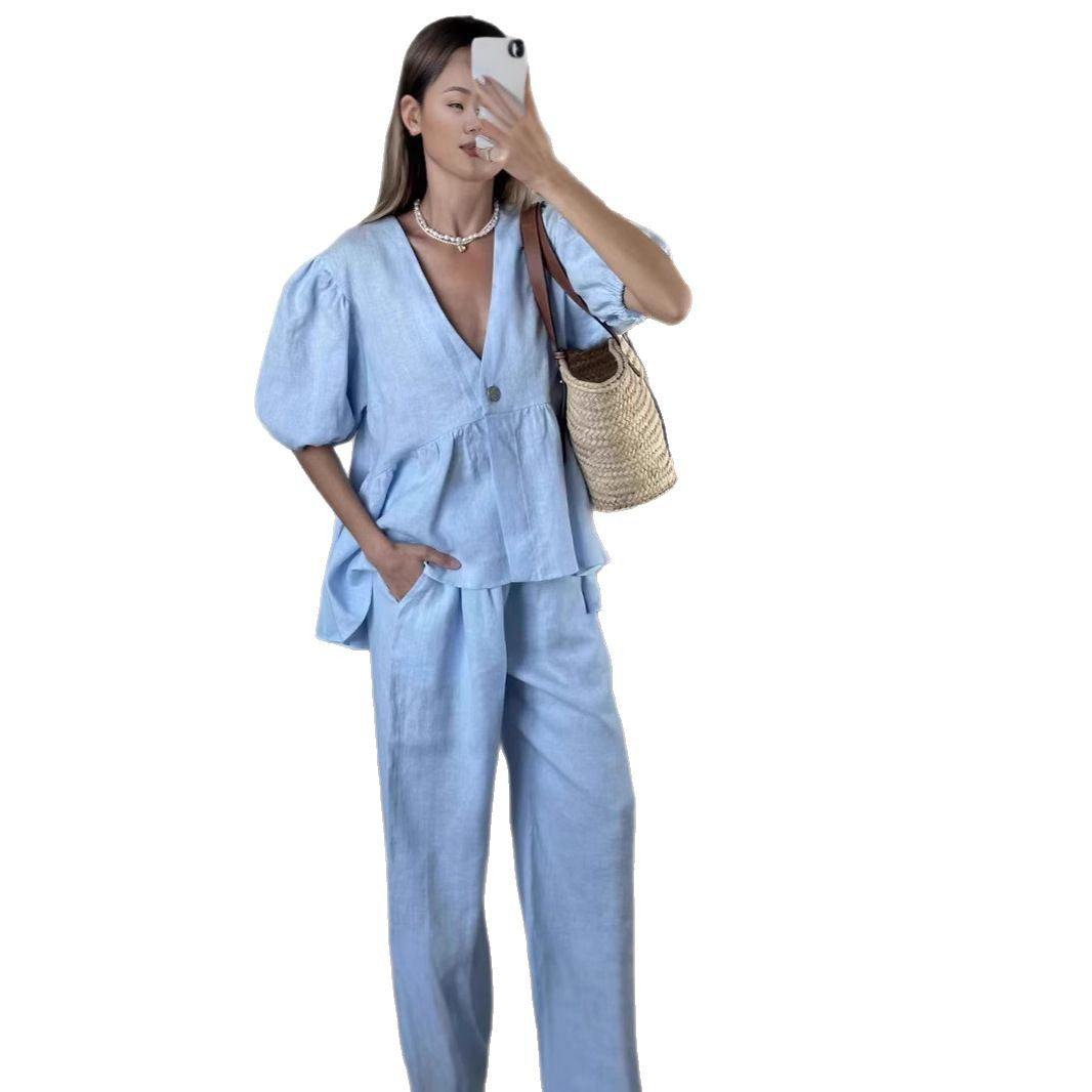 Ensemble féminin uni à lacets, manches courtes bouffantes.