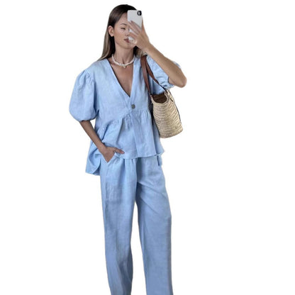 Ensemble féminin uni à lacets, manches courtes bouffantes.
